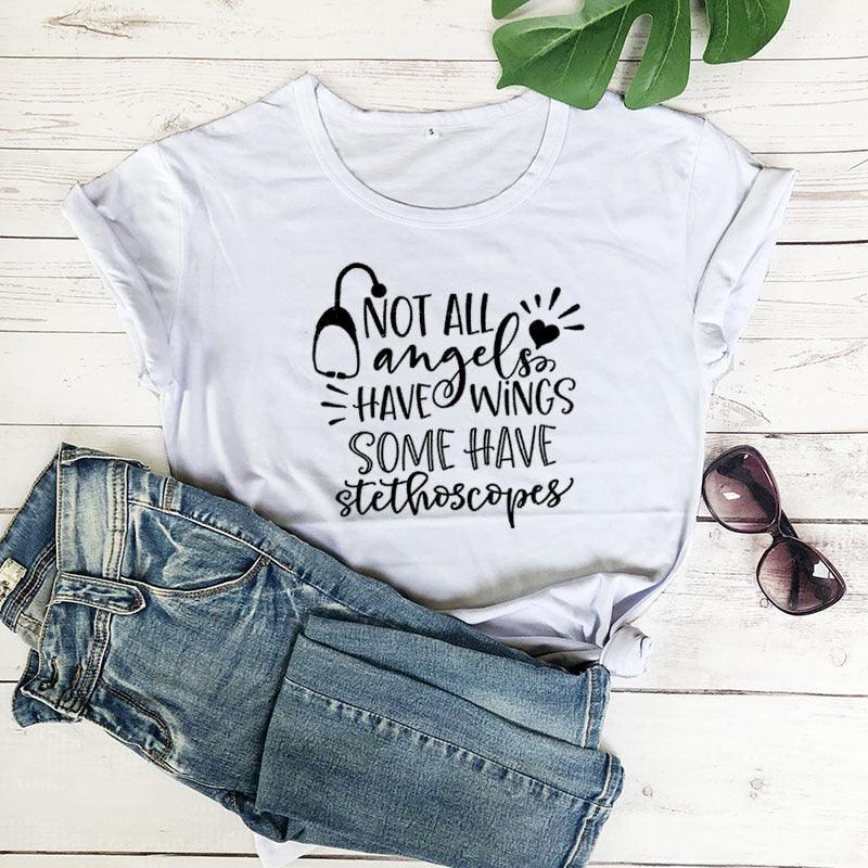 Not All Angels Have Wings Graphic Funny Women&#39;s T-Shirt Summer Casual 100%Cotton Short Sleeve tops tee Gift For Nurse White angel Gift - plusminusco.com
