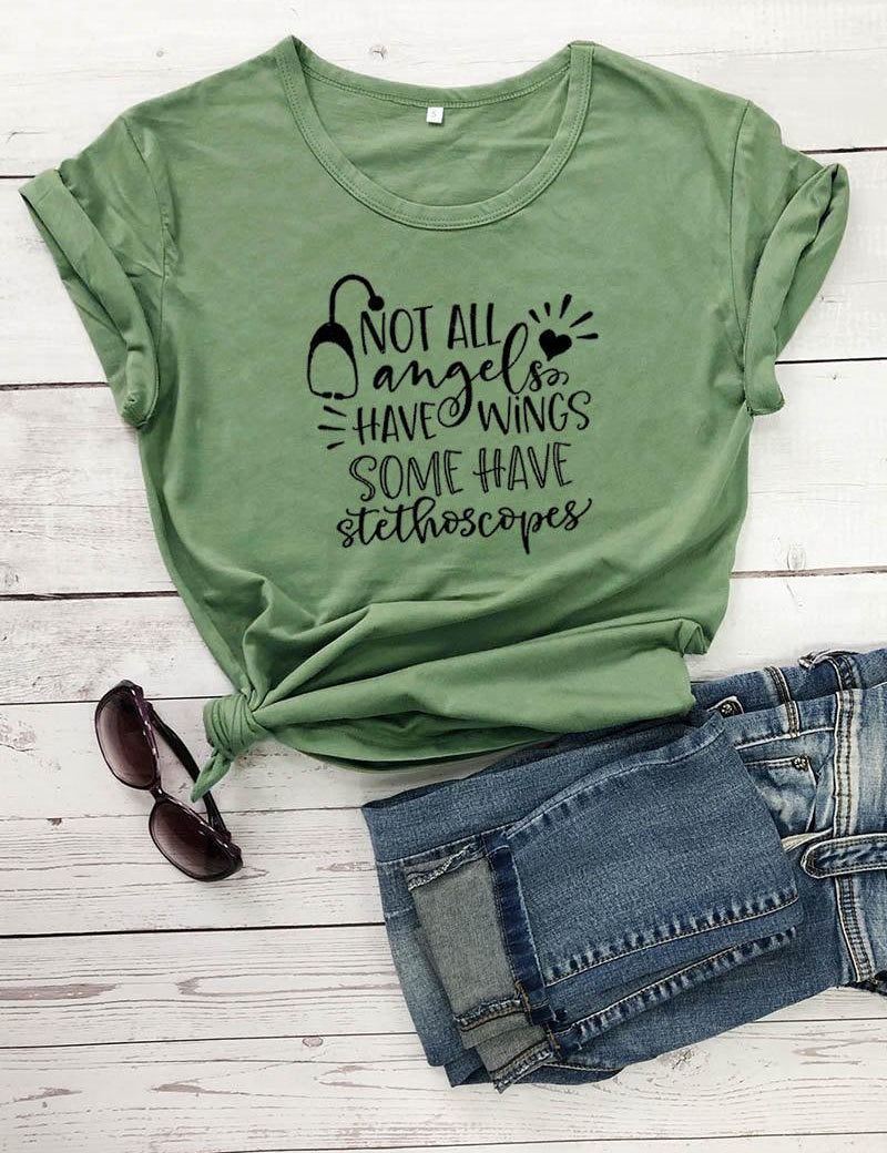 Not All Angels Have Wings Graphic Funny Women's T-Shirt Summer Casual 100%Cotton Short Sleeve tops tee Gift For Nurse White angel Gift - plusminusco.com