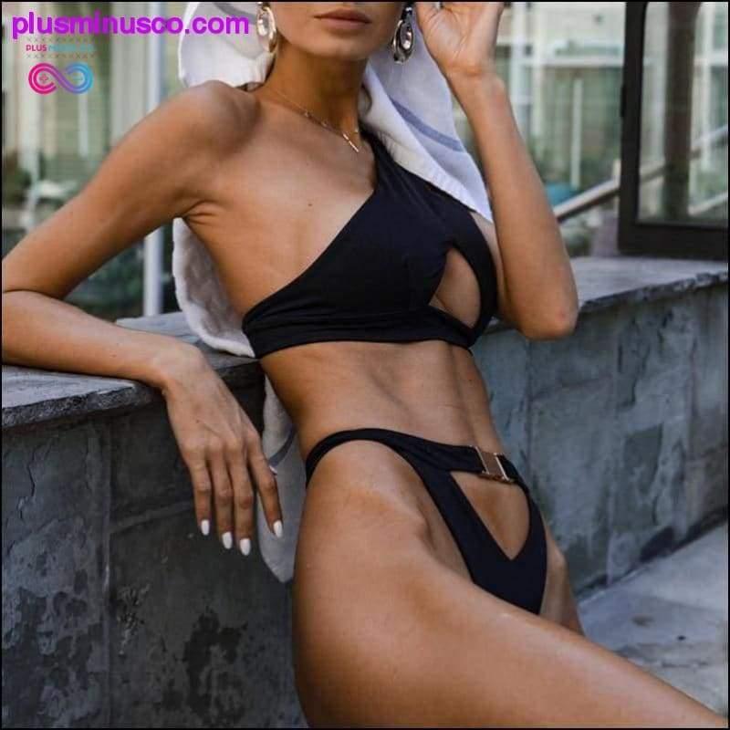 One-Shoulder-Bikini mit Schnalle und hohem Schnitt, sexy Tanga – plusminusco.com