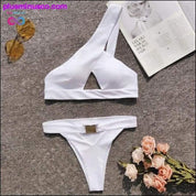 One Shoulder Bikini Buckle High Cut Swimsuit Sexy Thong - plusminusco.com