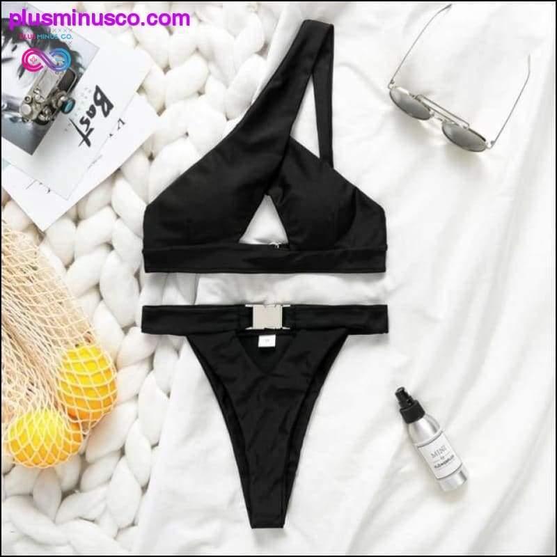One Shoulder Bikini Buckle High Cut Swimsuit Sexy Thong - plusminusco.com