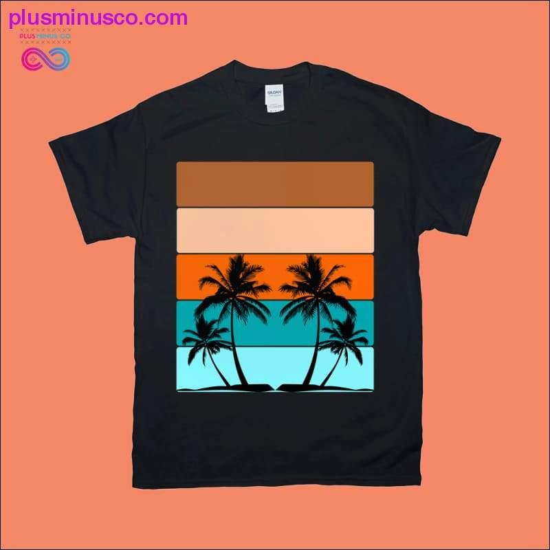Palmen horizontale Streifen | Retro-Sonnenuntergang-T-Shirts - plusminusco.com