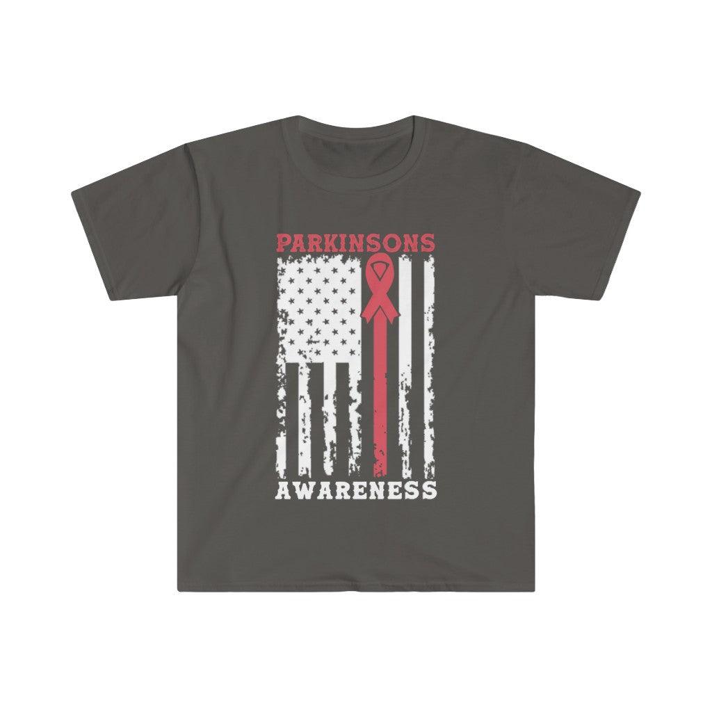 T-shirt con bandiera americana per la consapevolezza del Parkinson, Consapevolezza della malattia di Parkinson, Guerriero regalo per la consapevolezza del Parkinson, Nastro d'argento del Parkinson - plusminusco.com