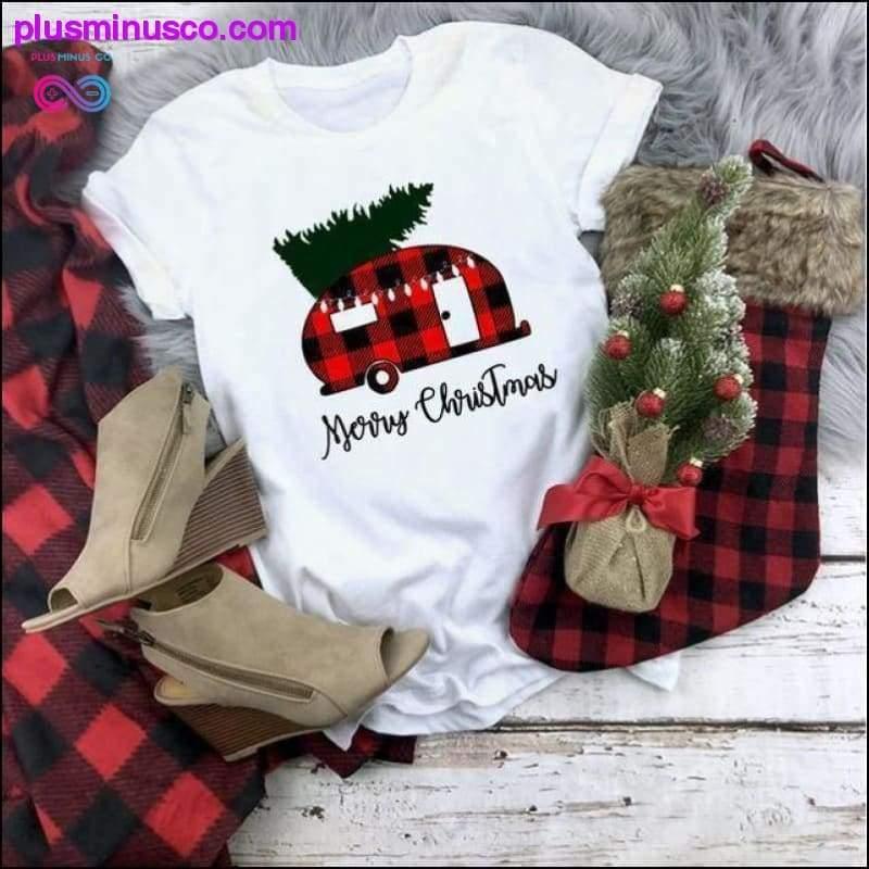 Kalėdiniai balti languoti marškinėliai || PlusMinusco.com – plusminusco.com