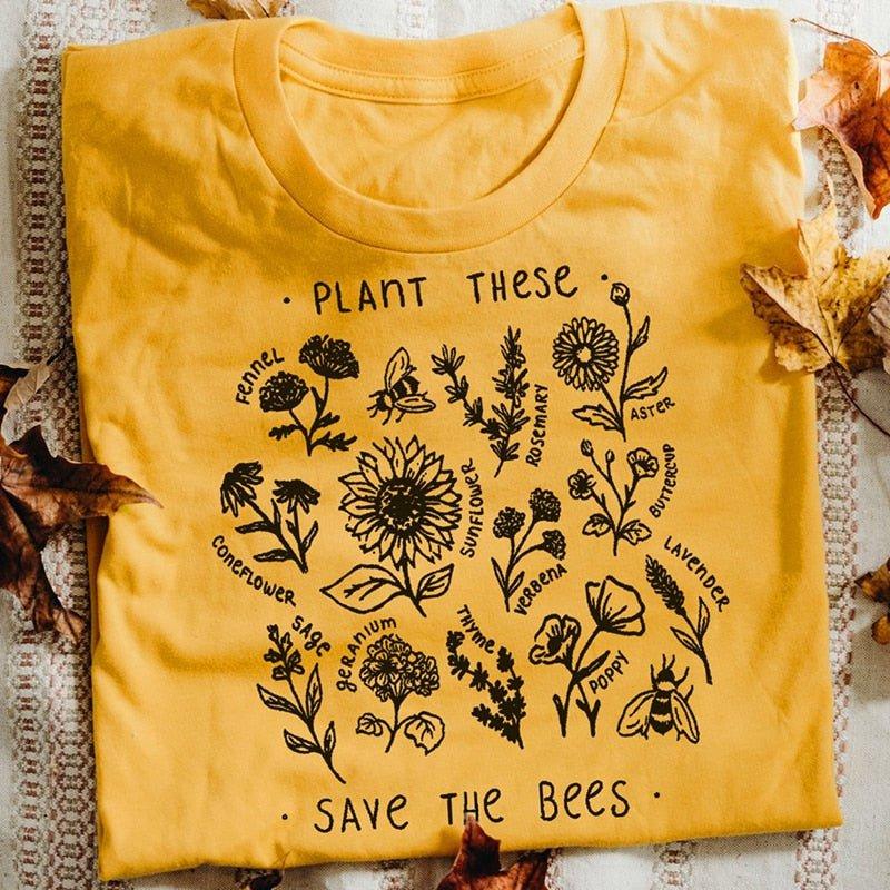 Plant These Harajuku Camiseta Feminina Causal Save The Bees Camiseta de Algodão com Flores Silvestres Camisetas Femininas Roupas Unissex - plusminusco.com
