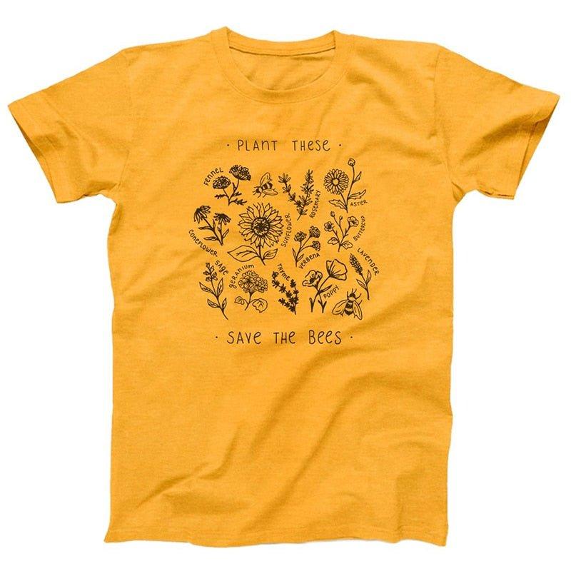 Pasodinkite šiuos Harajuku marškinėlius, moteriškus priežastinius „Save The Bees“ marškinėlius Medvilniniai laukinių gėlių grafiniai marškinėliai Moteriški unisex drabužiai - plusminusco.com