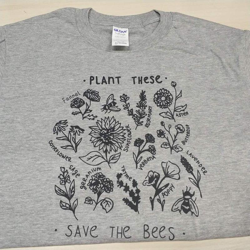Stādiet šos Harajuku Tkreklu Sieviešu Causal Save The Bees T-krekls Kokvilnas Wildflower Graphic Tees Sieviešu unisex apģērbi - plusminusco.com