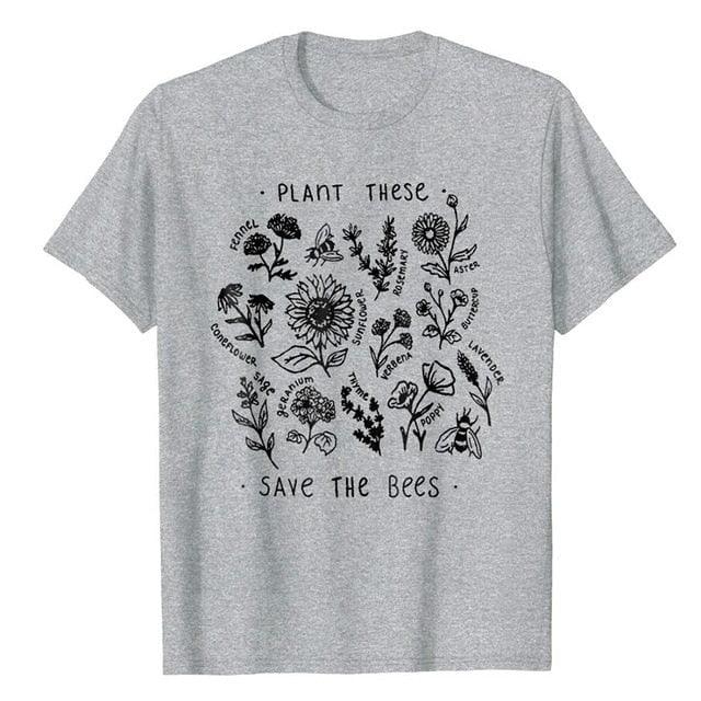 Plant These Harajuku Camiseta Feminina Causal Save The Bees Camiseta de Algodão com Flores Silvestres Camisetas Femininas Roupas Unissex - plusminusco.com