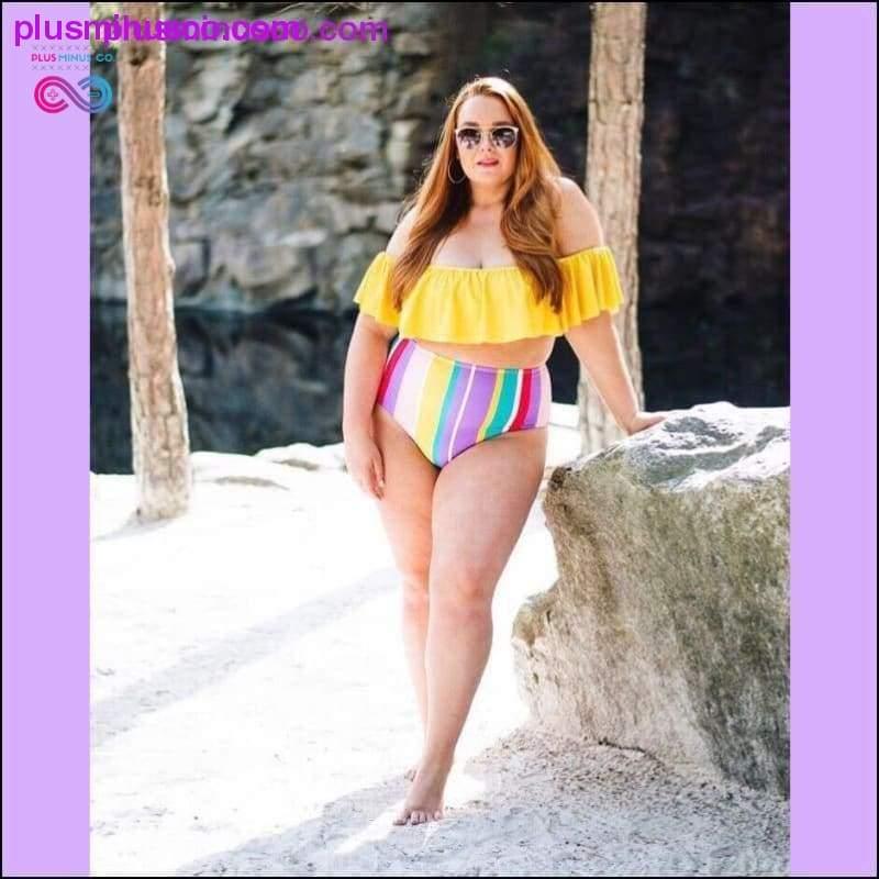 Büyük Beden Mayo Kadın Gökkuşağı Çizgili Ruffles Bikini Seti - plusminusco.com