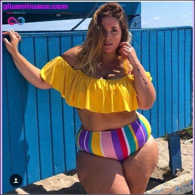 Büyük Beden Mayo Kadın Gökkuşağı Çizgili Ruffles Bikini Seti - plusminusco.com