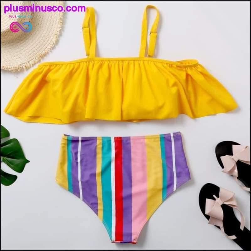 Plus Size Swimwear Women Rainbow Stripes Ruffles Bikini Set - plusminusco.com