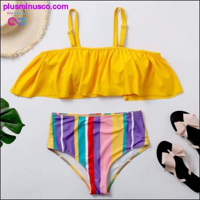 Plus Size Swimwear Women Rainbow Stripes Ruffles Bikini Set - plusminusco.com