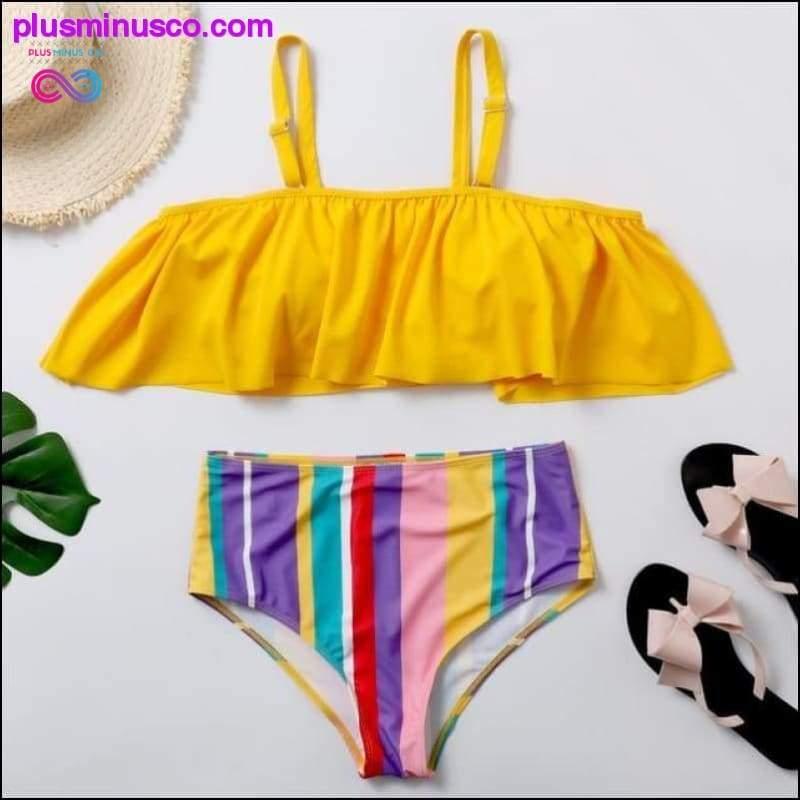 Plus Size Bademode Damen Regenbogenstreifen Rüschen Bikini Set - plusminusco.com