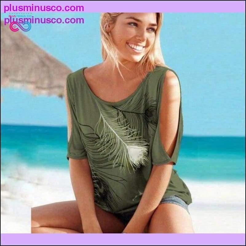 T-shirt Plus Size 2019 Letnie topy z odkrytymi ramionami Pióro - plusminusco.com