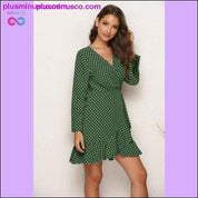 فستان بولكا دوت مكشكش ملفوف للنساء بأكمام طويلة للخريف - plusminusco.com