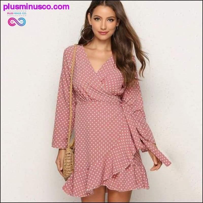 Kopertowa sukienka w kropki, damska, z długim rękawem, rozcięciem, jesień - plusminusco.com