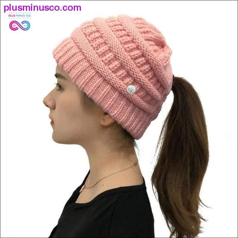 포니테일 비니 겨울 모자 여성용 니트 따뜻한 모자 지저분한 - plusminusco.com