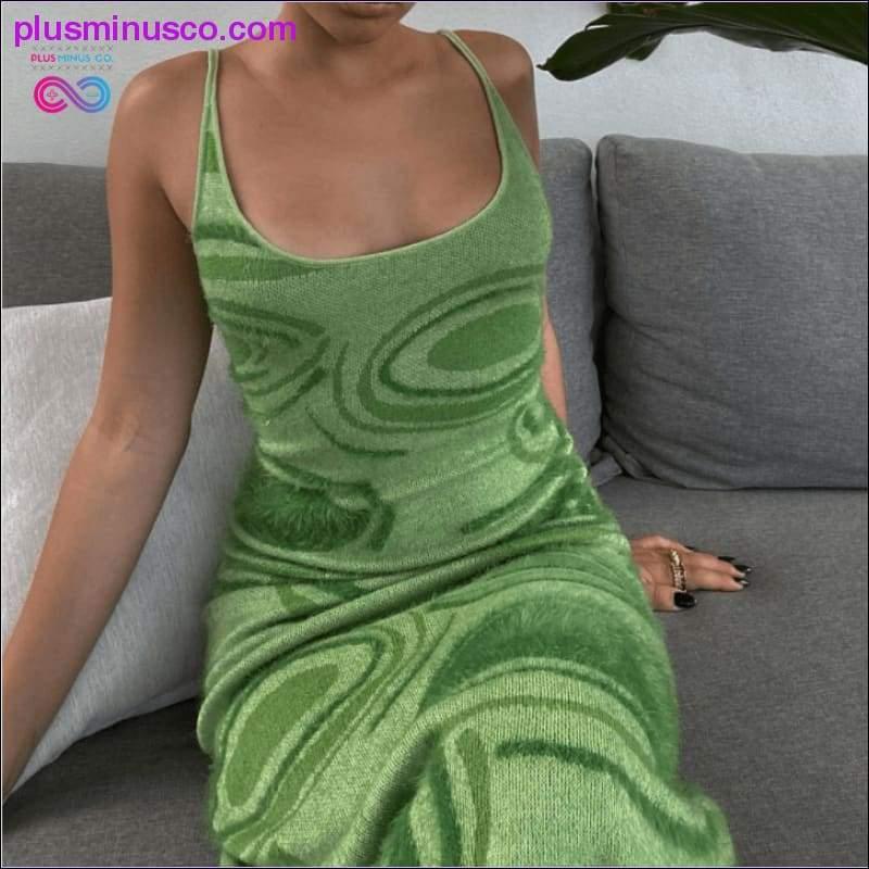 Vytlačiť Knit Bodycon Dress Women Green Y2K Summer Hollow Out - plusminusco.com