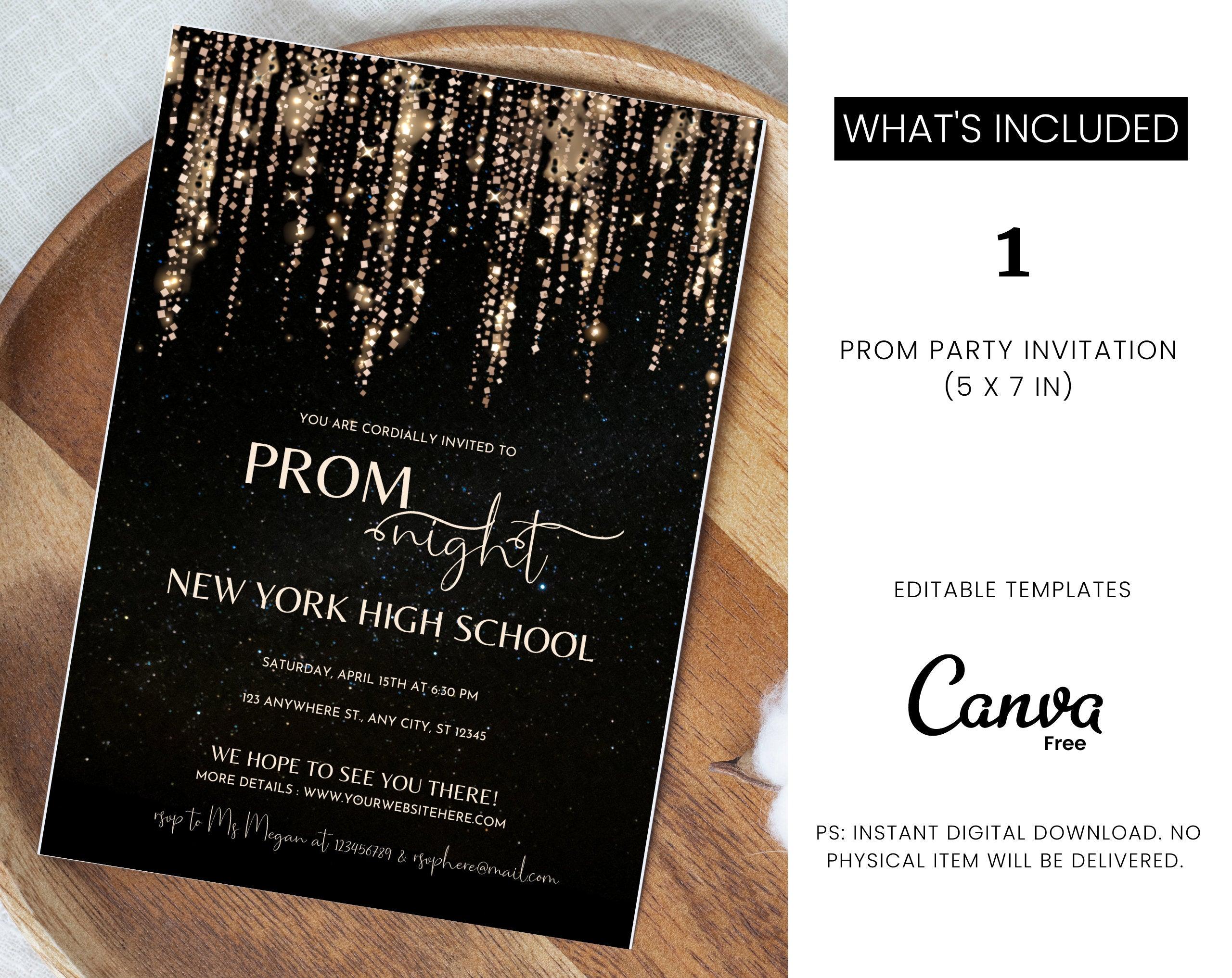 プロムの夜、プロム パーティーの招待状、プロムの招待状フライヤー、プロム イベント フライヤーのデジタル ダウンロード、カード テンプレート、デジタル編集可能な Canva テンプレート - plusminusco.com