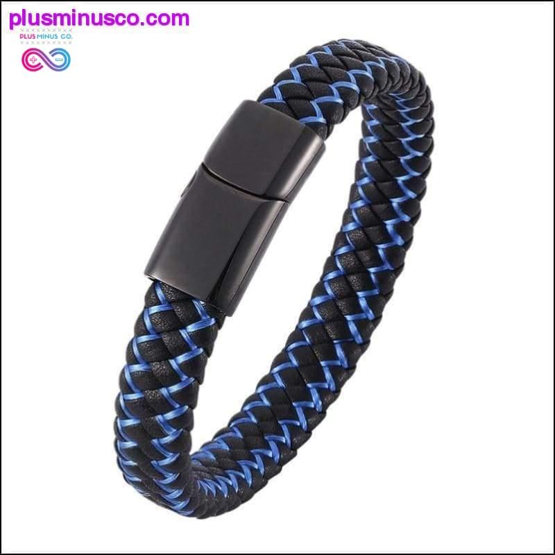 Bracelet en cuir tressé Punk noir bleu pour homme en acier inoxydable - plusminusco.com