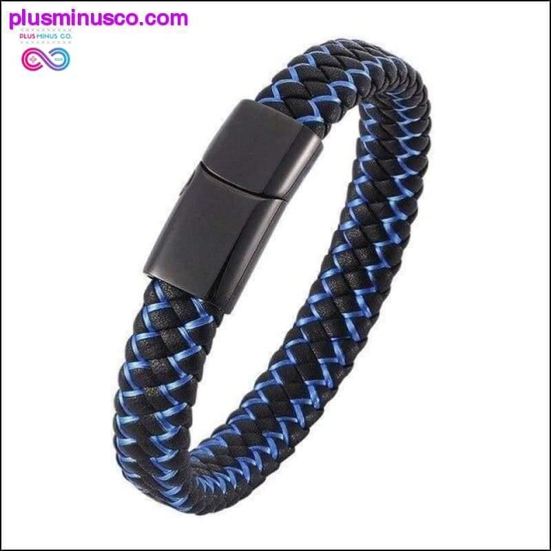 Мужской плетеный кожаный браслет в стиле панк, черный и синий из нержавеющей стали - plusminusco.com