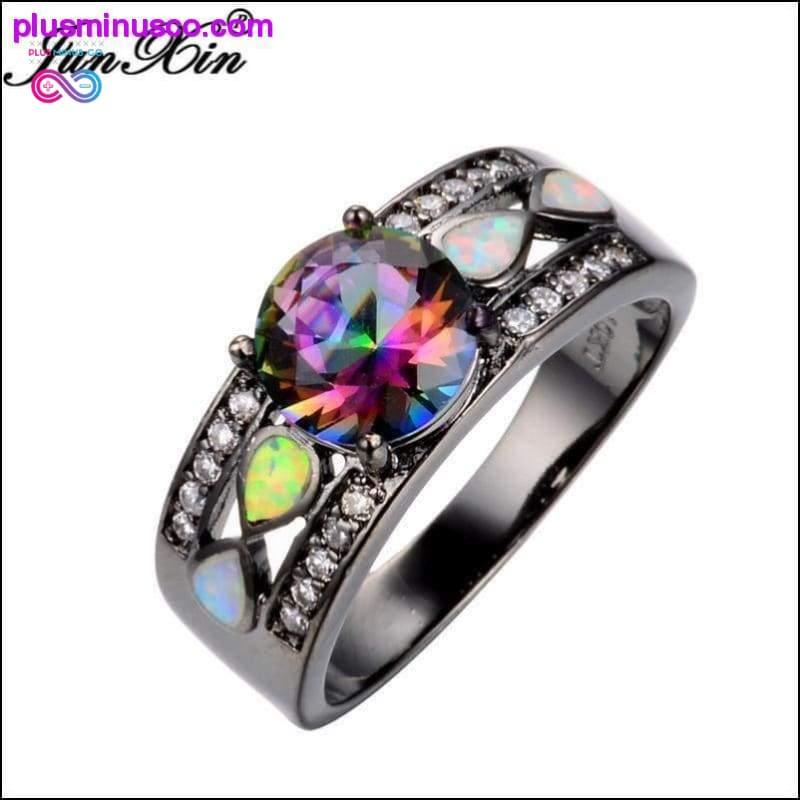 Rainbow Opal Rings Colorful CZ 10KT Black Gold Filled Ring - plusminusco.com