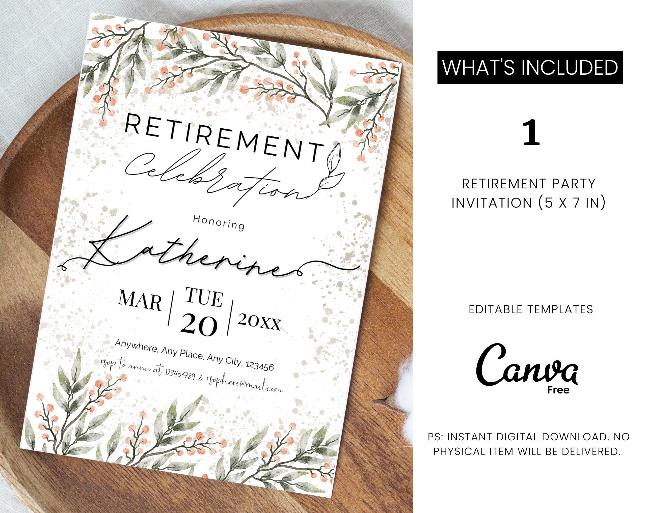 Pensionāru ballītes ielūgums, pensionēšanās svinību ielūguma skrejlapa, digitāla lejupielāde, kartīšu veidne, digitāli rediģējama Canva veidne — plusminusco.com