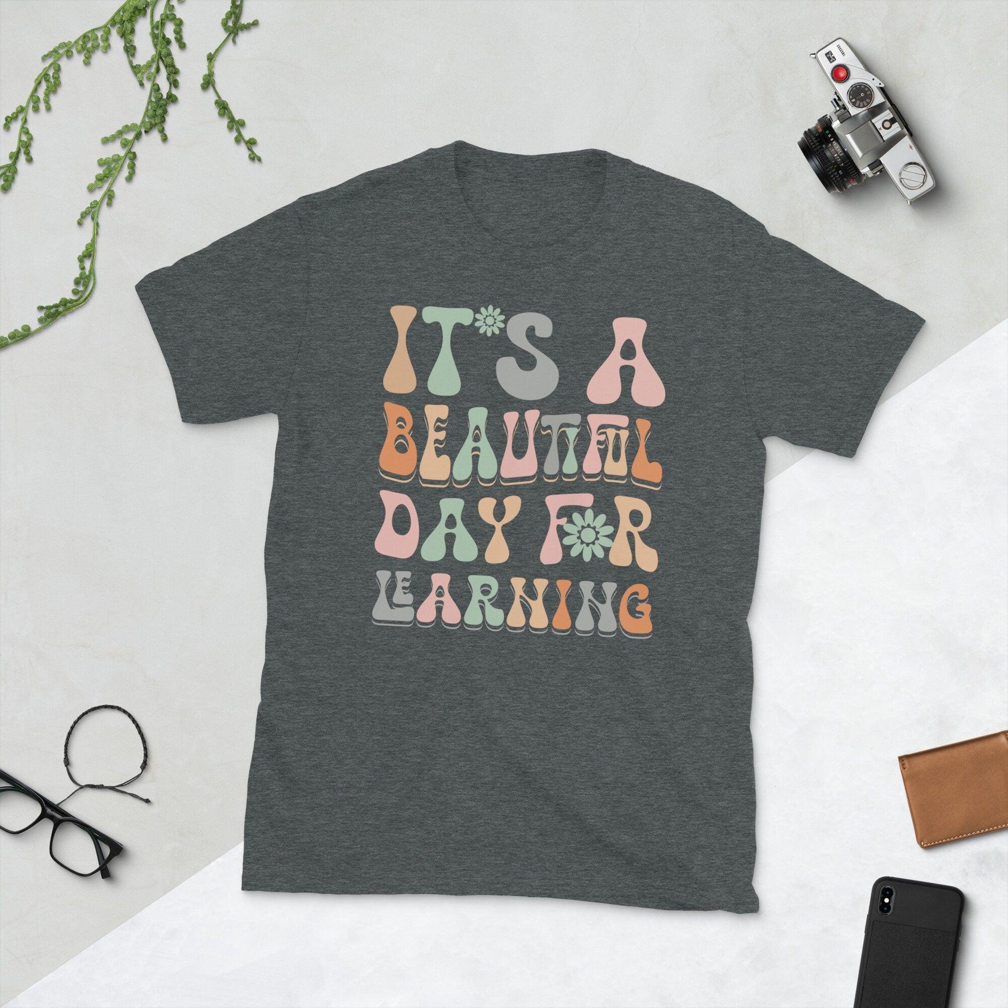 Retro Teacher Shirt for Women It's a Beautiful Day for Learning T Shirt Funny Back to School Teacher Life Shirt Tops - plusminusco.com
