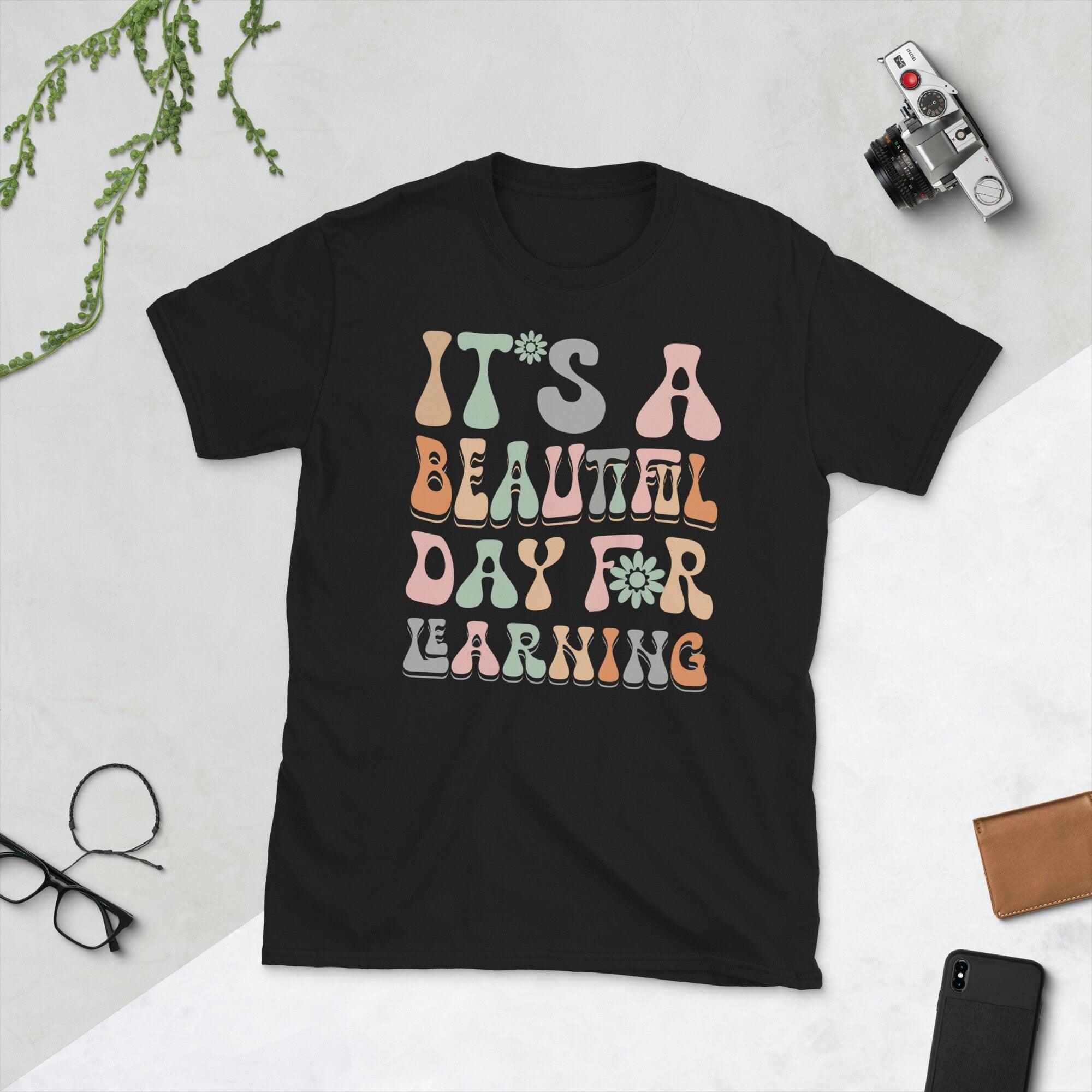 Retro Teacher Shirt for Women It's a Beautiful Day for Learning T Shirt Funny Back to School Teacher Life Shirt Tops - plusminusco.com