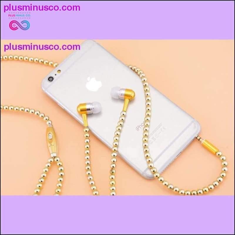 Fones de ouvido com colar de pérolas e joias de strass com miçangas de microfone - plusminusco.com