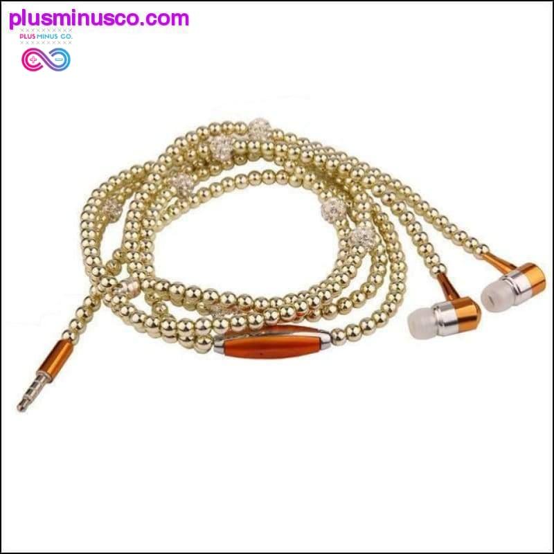 Fones de ouvido com colar de pérolas e joias de strass com miçangas de microfone - plusminusco.com
