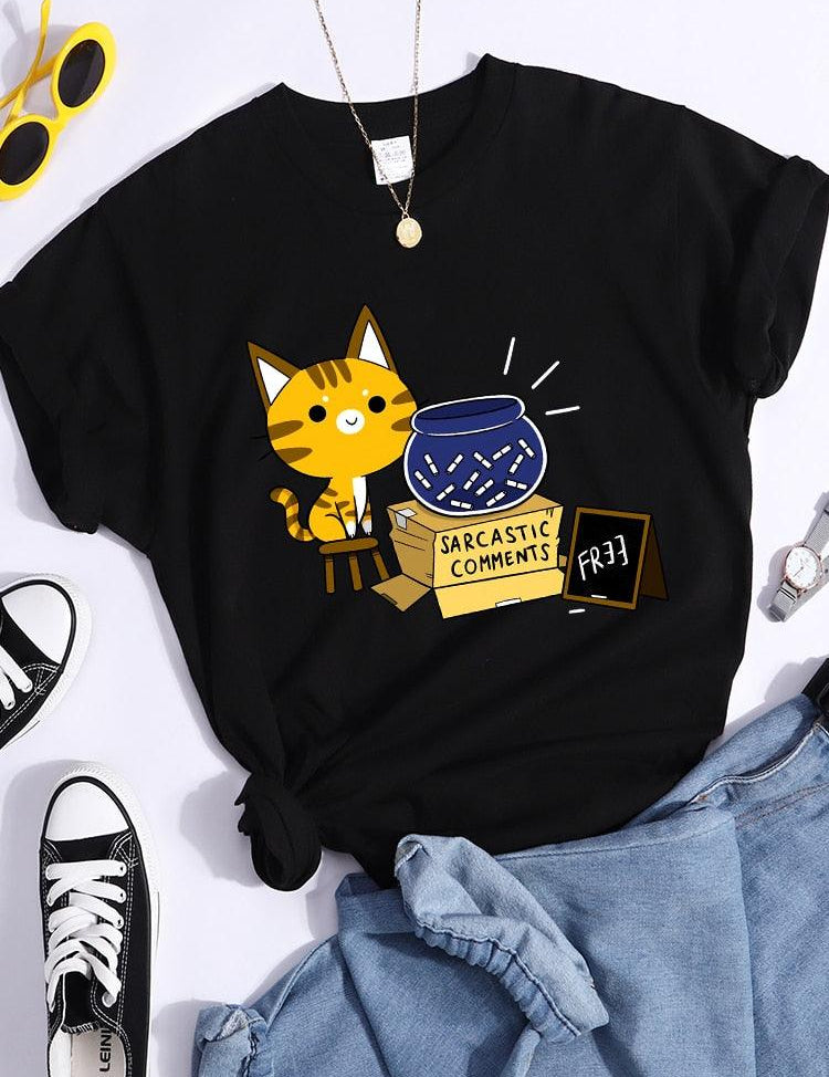 Sarcastic Comments Kawaii Cat T-Shirt Women Fashion Casual T Shirts Street Hip Hop Crop Top Cool Sport Breathable Female Tshirts - plusminusco.com