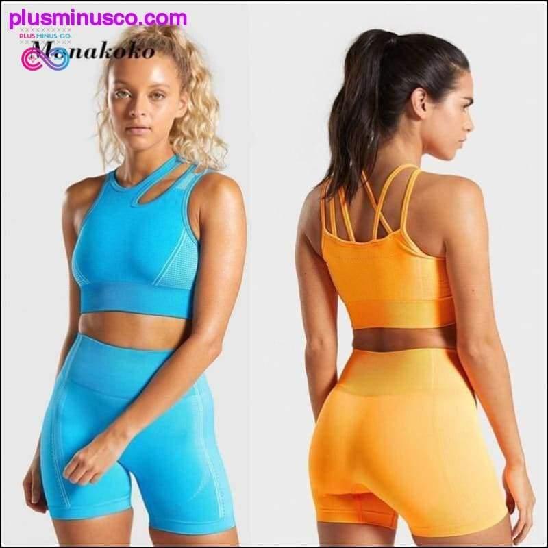 Безшовний жіночий набір для йоги, синій, помаранчевий, укорочений топ із 2 предметів - plusminusco.com
