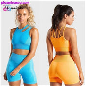 Seamless Yoga Set Women Two 2 Piece Blue Orange Crop top - plusminusco.com