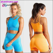Seamless Yoga Set Women Two 2 Piece Blue Orange Crop top - plusminusco.com