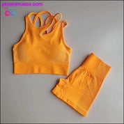 Seamless Yoga Set Women Two 2 Piece Blue Orange Crop top - plusminusco.com