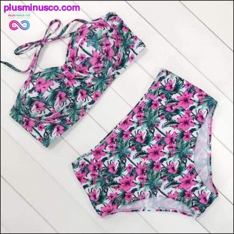 Sexig vintage blommig baddräkt Push Up Bikini med hög midja - plusminusco.com