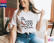 T-shirt She Loves God Lipstick & Lashes, trucco da donna, tacchi alti, ciglia, rossetto, maglietta cristiana Love God - plusminusco.com