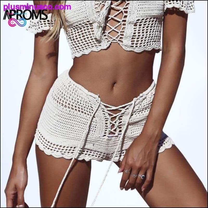Shorts Summer Lace Up Mid Elastic Boho White Knitted Crochet - plusminusco.com