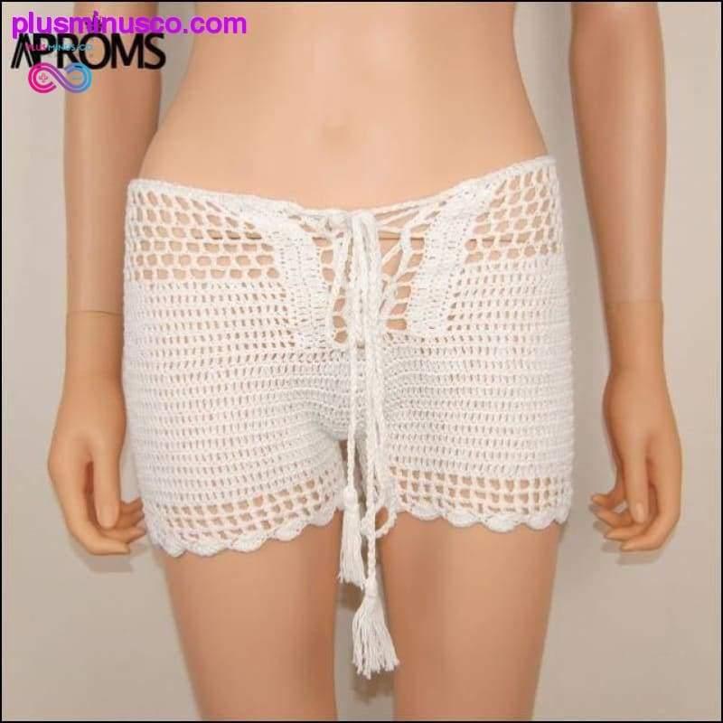 Shorts Summer Lace Up Mid Elastic Boho White Knitted Crochet - plusminusco.com
