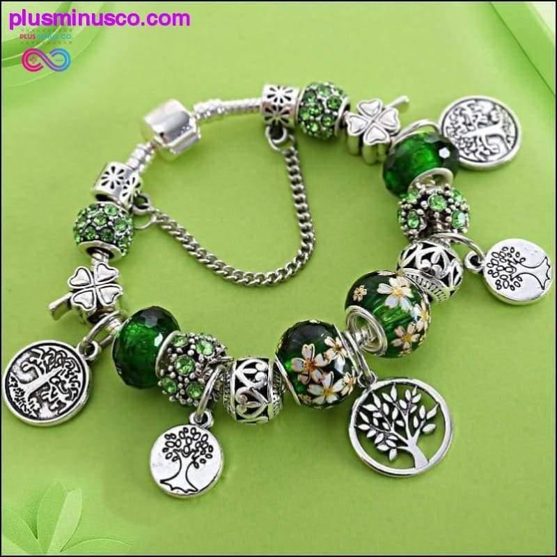 Silver Tree of Life Fashion Bead Bracelet Green Leaf Floral - plusminusco.com
