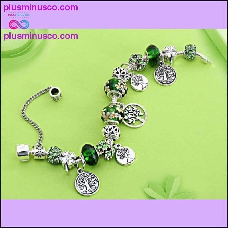 Bracciale in argento con perline alla moda con albero della vita, foglia verde floreale - plusminusco.com