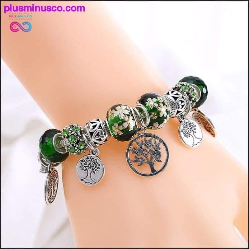 Bracciale in argento con perline alla moda con albero della vita, foglia verde floreale - plusminusco.com