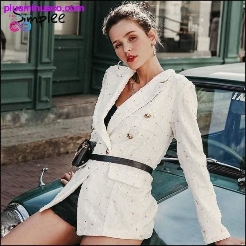 Simplee Chic white plaid women blazer Autumn double breasted - plusminusco.com