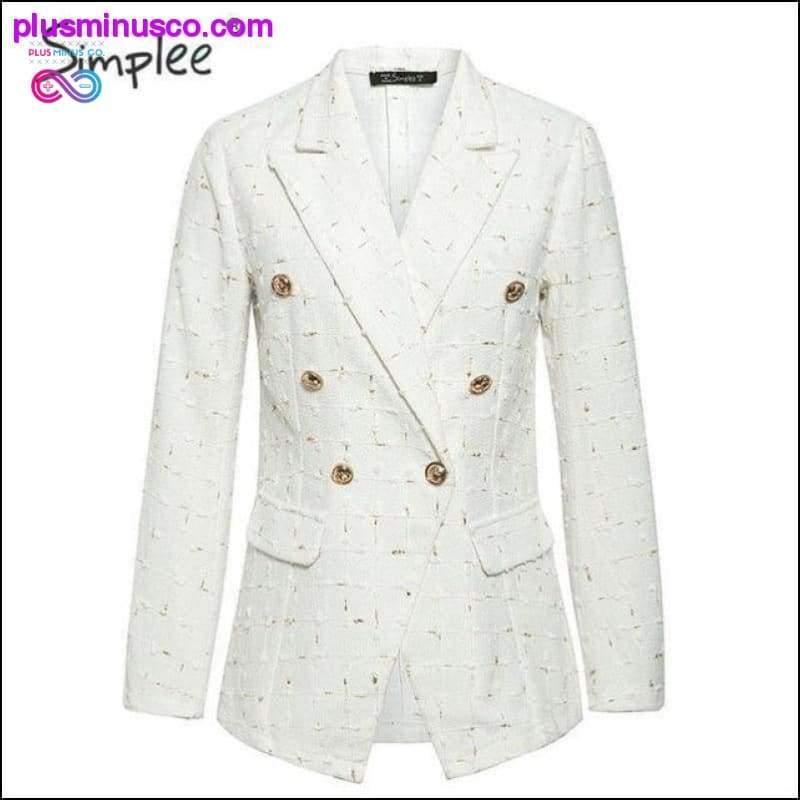 Simplee Chic white plaid women blazer Autumn double breasted - plusminusco.com