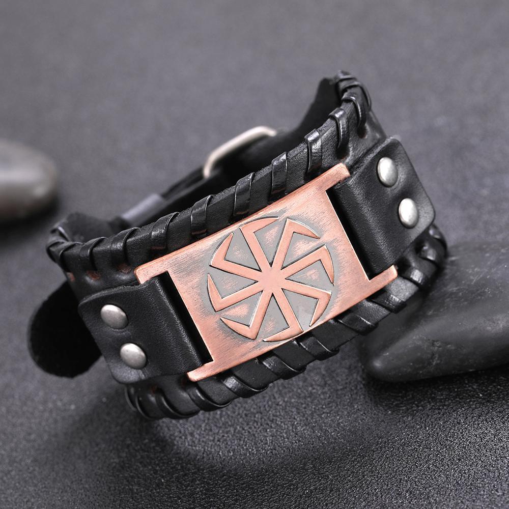 Slavic Wheel Kolovrat Talisman Charm Bracelets Leather Wrap - plusminusco.com