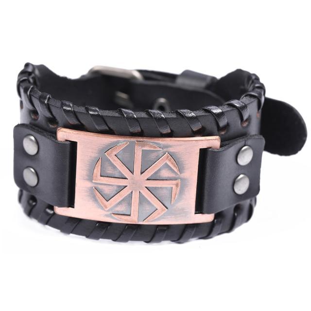 Slavic Wheel Kolovrat Talisman Charm Bracelets Leather Wrap - plusminusco.com