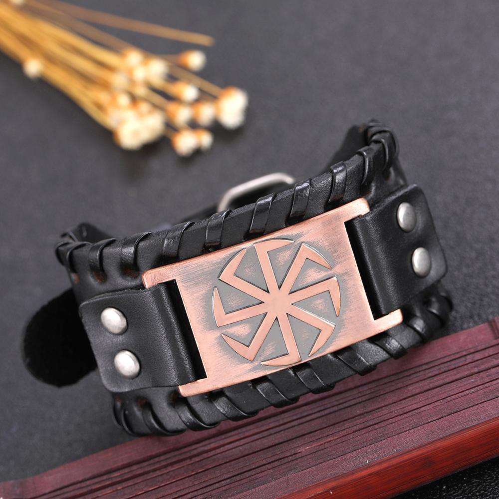 Slavic Wheel Kolovrat Talisman Charm Bracelets Leather Wrap - plusminusco.com