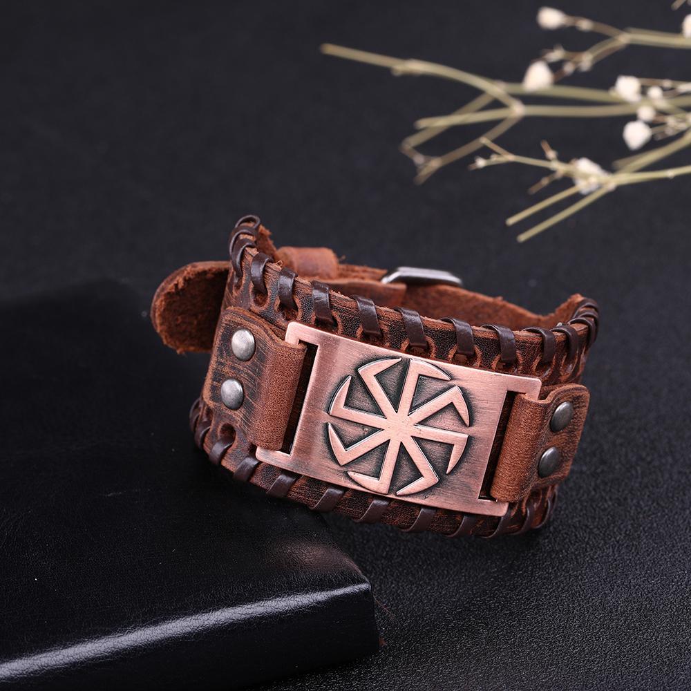 Slavic Wheel Kolovrat Talisman Charm Bracelets Leather Wrap - plusminusco.com