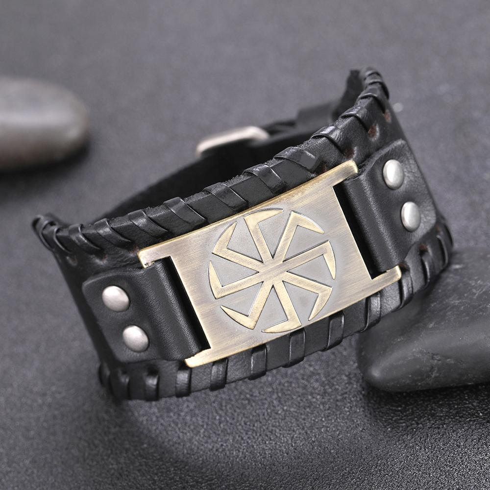Slavic Wheel Kolovrat Talisman Charm Bracelets Leather Wrap - plusminusco.com